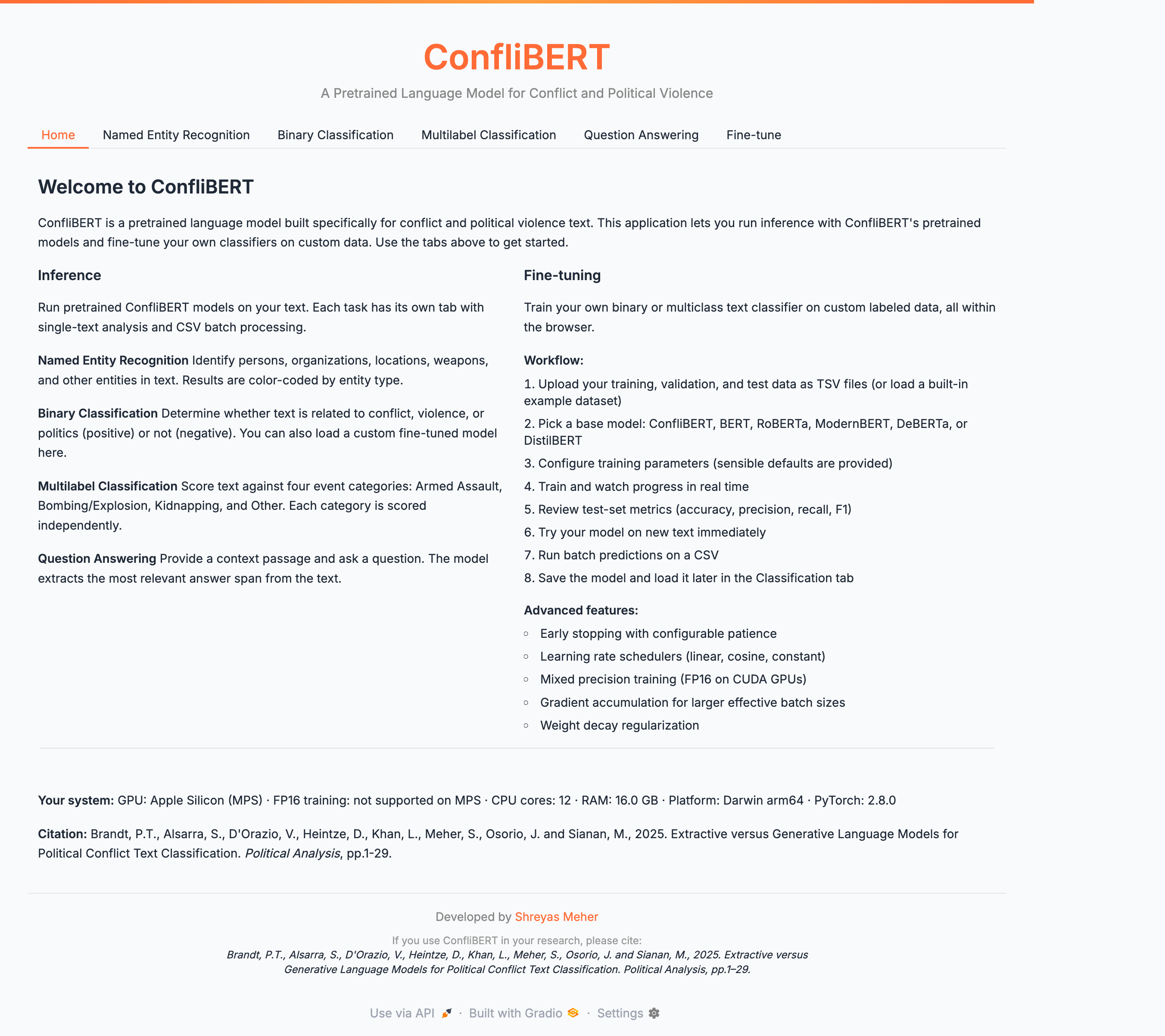 ConfliBERT GUI home screen